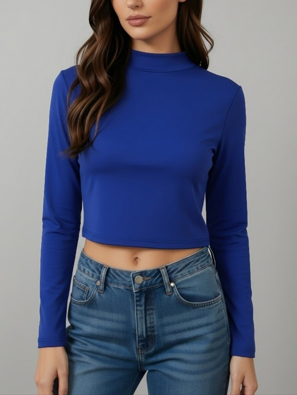 Royal Blue Long Sleeve Crop Top – Mock Neck